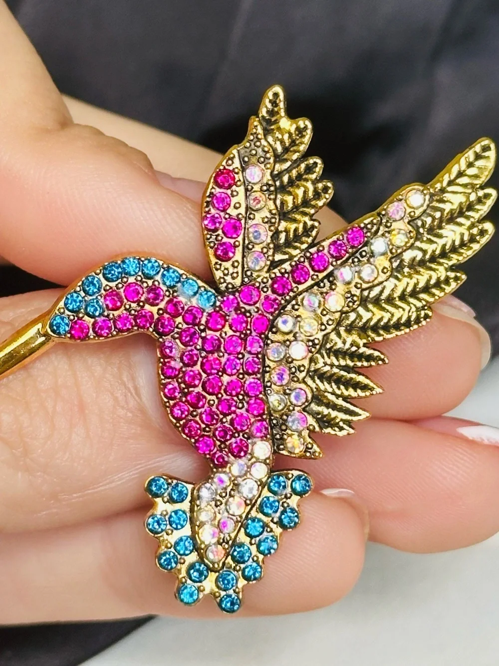 NEW! Gold Hummingbird Brooch with Pink, Blue and Clear Crystals
